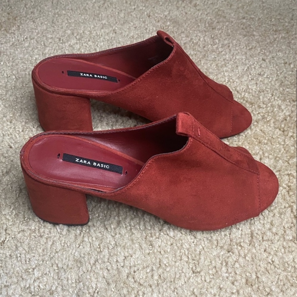 Zara Red Suede Mules With Block Heel Size 37 Eu - image 3